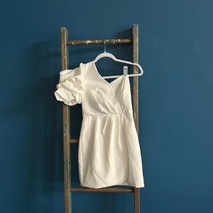 White, 1 shoulder, ruffled cuffed short sleeve, mini dress. Sz 2.